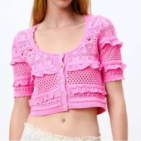 NEW ZARA Pink Cotton Knit Crochet Crop Top: Cottagecore Cardigan - Picture 1 of 16